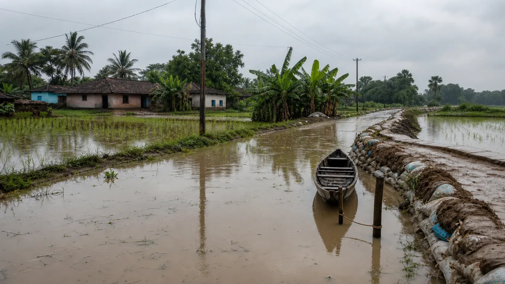 AI-generated editorial illustration of a generic flooded eastern Indian village road, paddy fields, tied boat and reinforced embankment after monsoon rain; not a real Odisha location