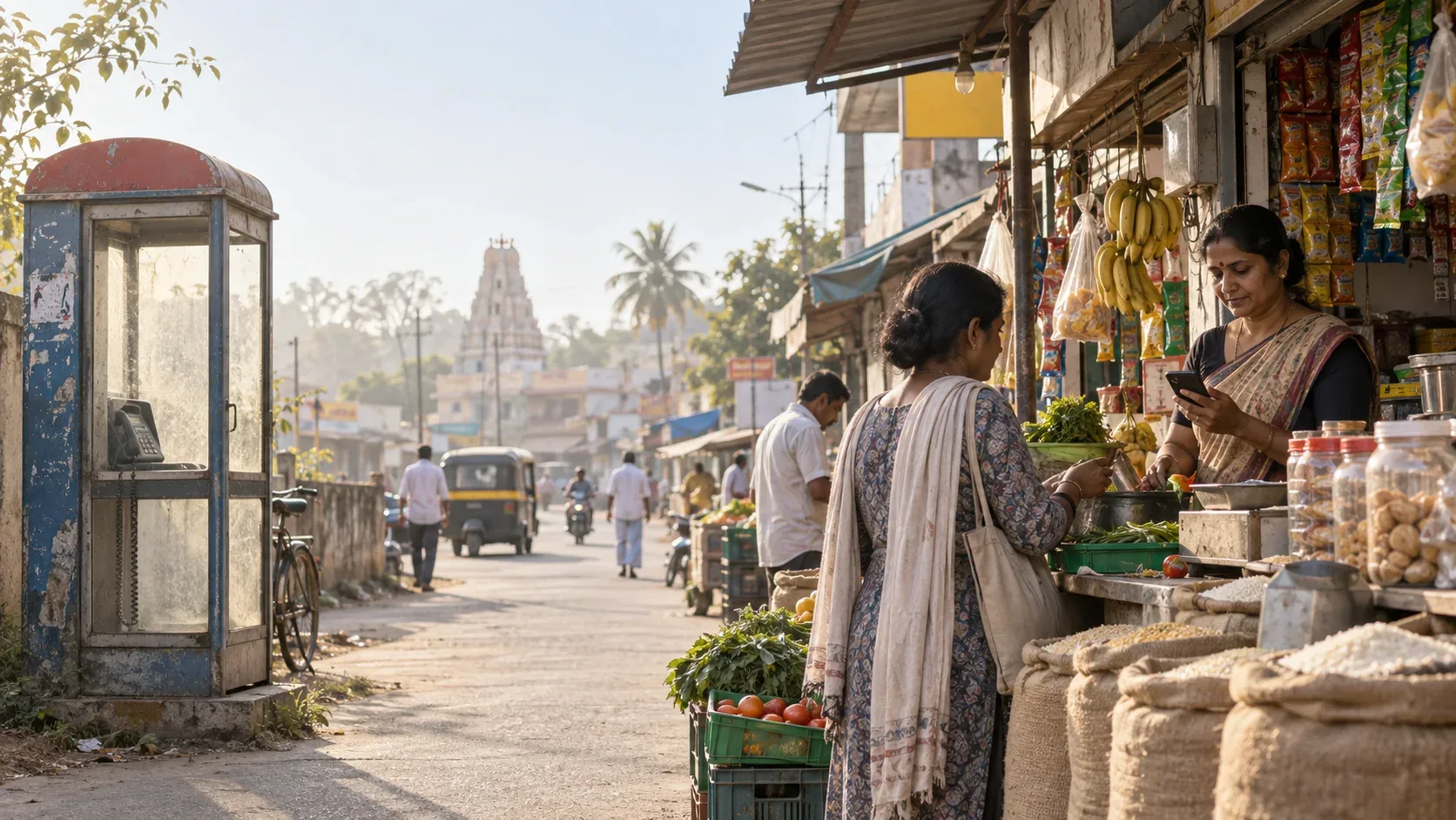 AI-generated editorial illustration of a small-town Indian market with an unused public telephone booth and a shopkeeper checking a smartphone