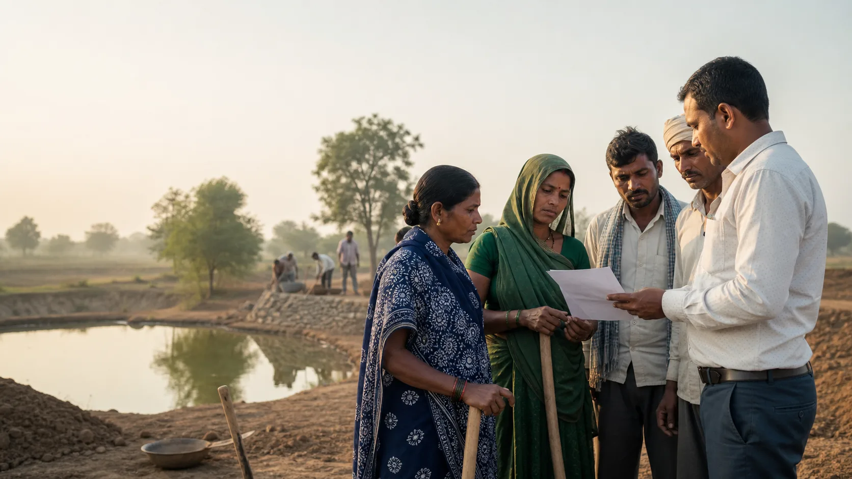 AI-generated editorial scene of rural Indian workers reviewing a work-demand document with a panchayat official at a water-conservation worksite