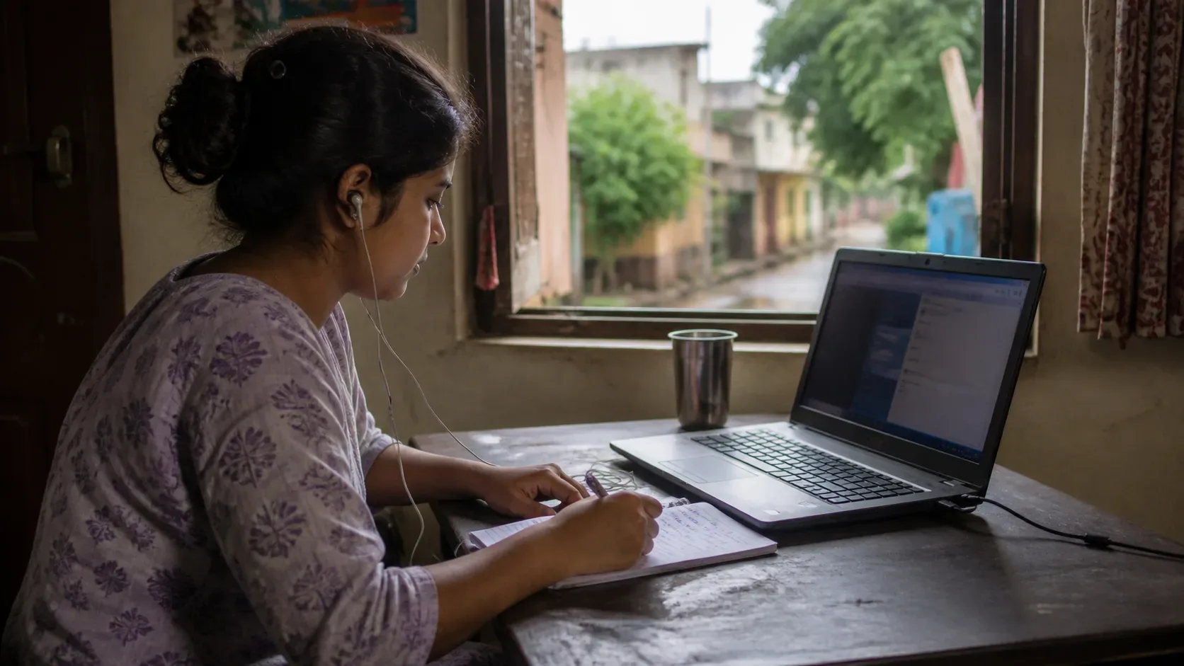 AI-generated editorial illustration of a generic young Indian woman studying on a laptop at home in a small town; not a real person or government training session