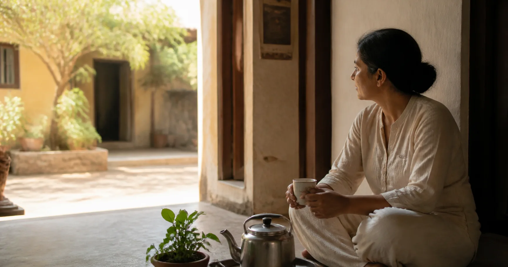 A woman sitting quietly with tea in a sunlit Indian courtyard, representing attentive awareness in ordinary life