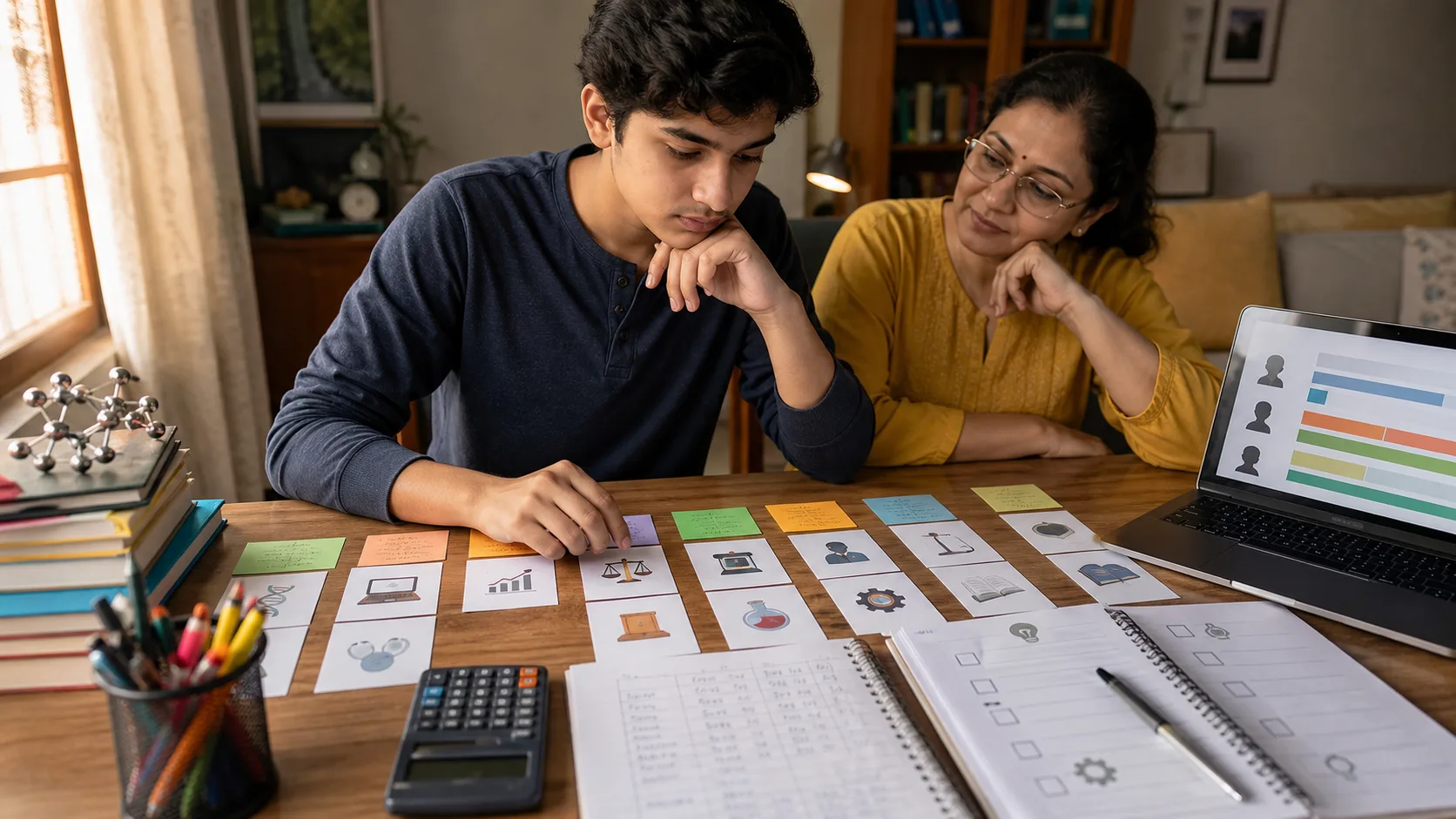 An Indian Class 12 student and parent comparing degree pathways, college costs, career outcomes and practical skills at home