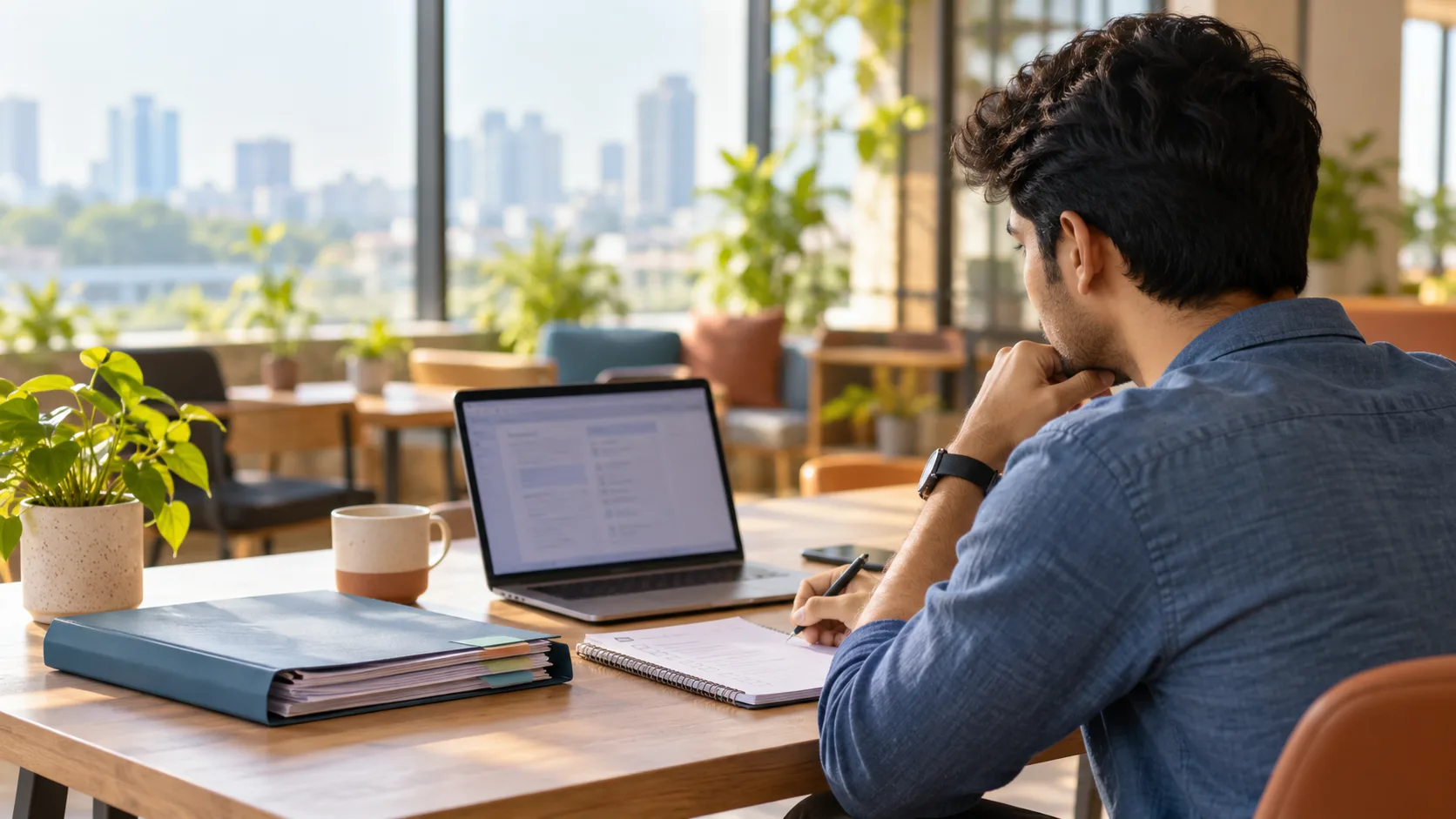 AI-generated editorial illustration of a fictional early-career Indian technology worker organising documents beside a laptop in a generic workspace; not a real company, person or event