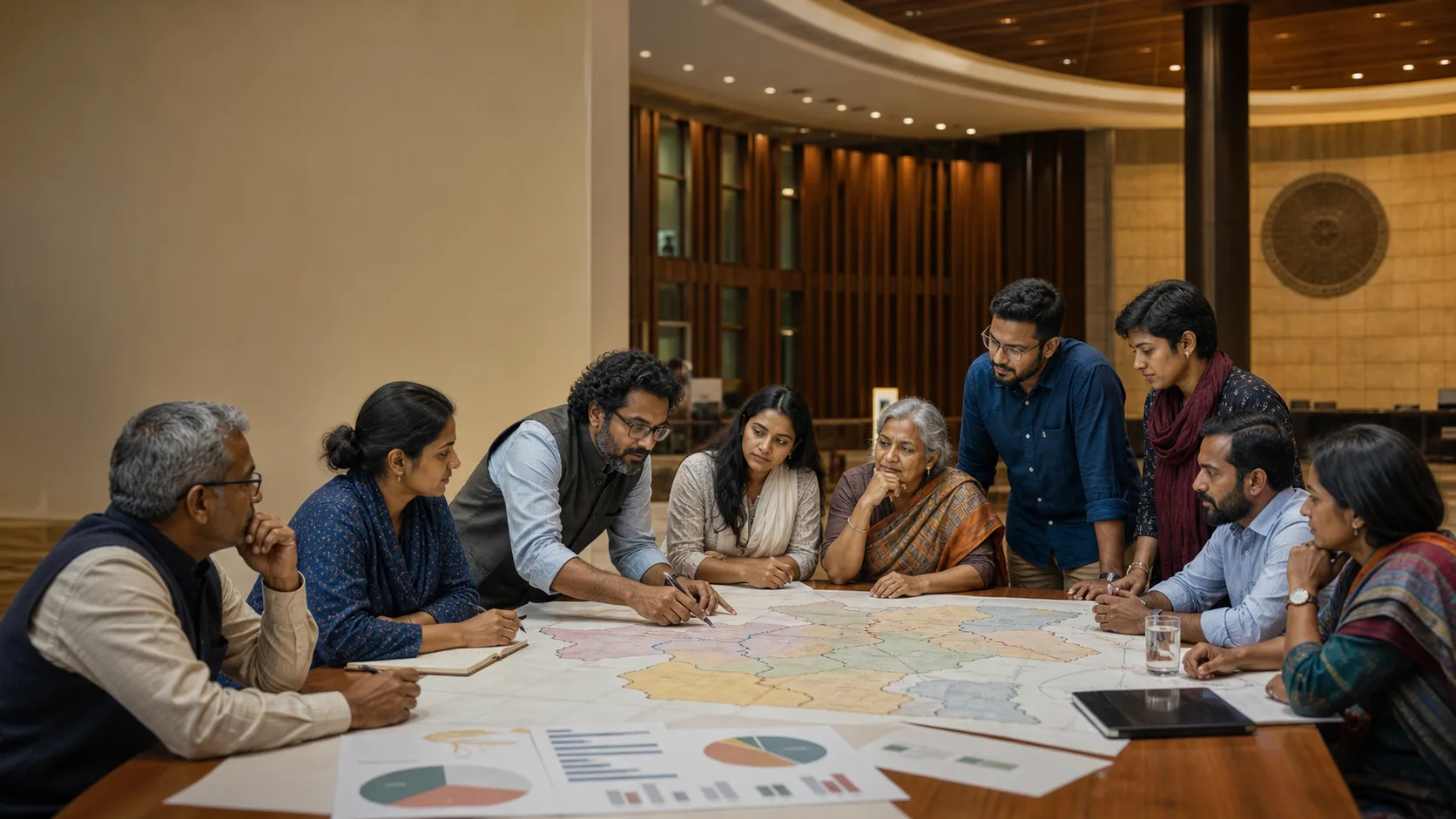 AI-generated conceptual editorial scene of diverse Indian civic participants reviewing an abstract constituency map during a public consultation