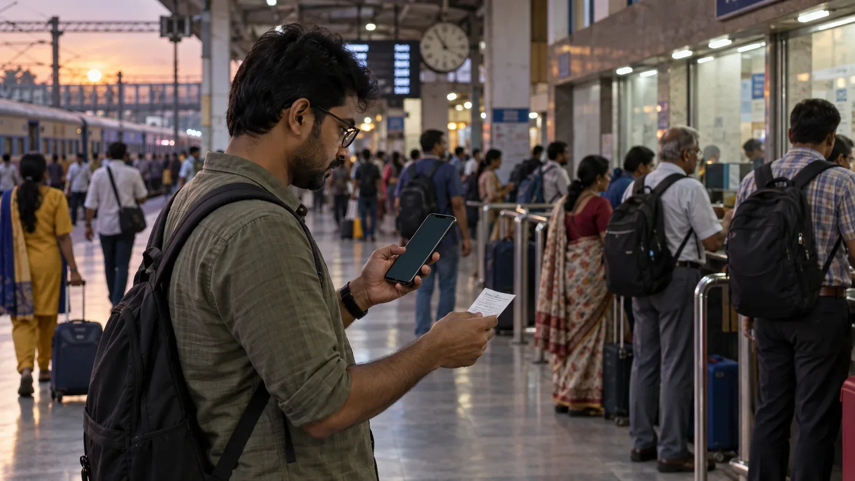 AI-generated editorial illustration of an Indian railway-station concourse where a traveller checks a smartphone and a paper reservation slip near a ticket queue