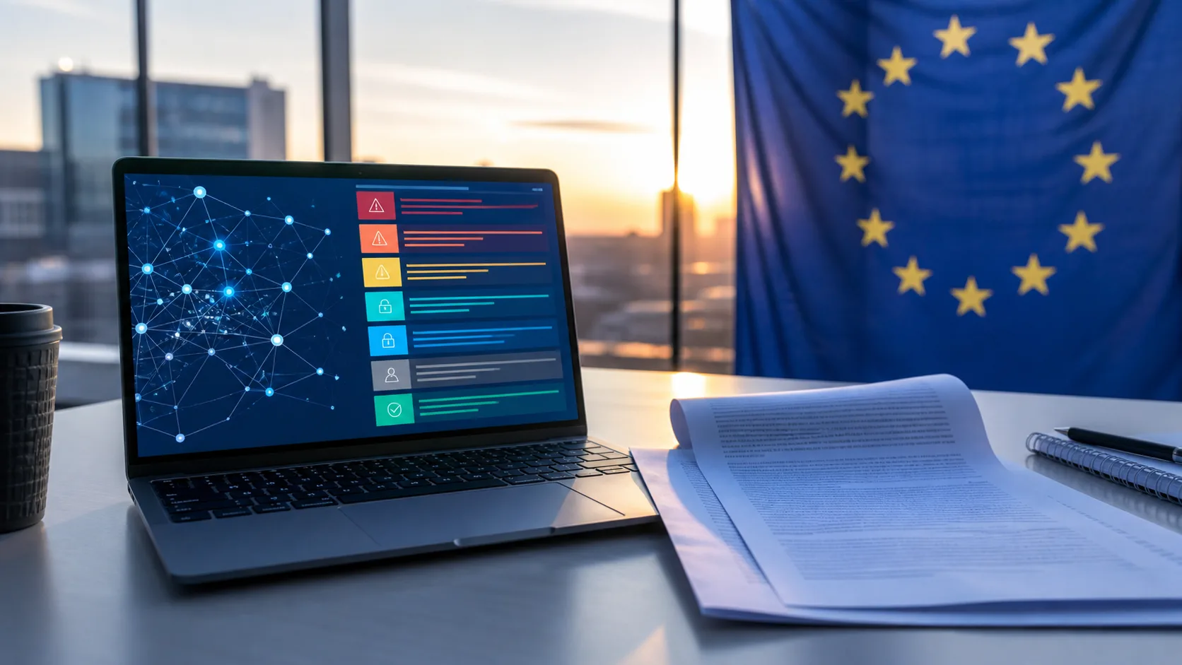 A laptop displaying an abstract AI risk interface beside an EU flag and regulatory papers