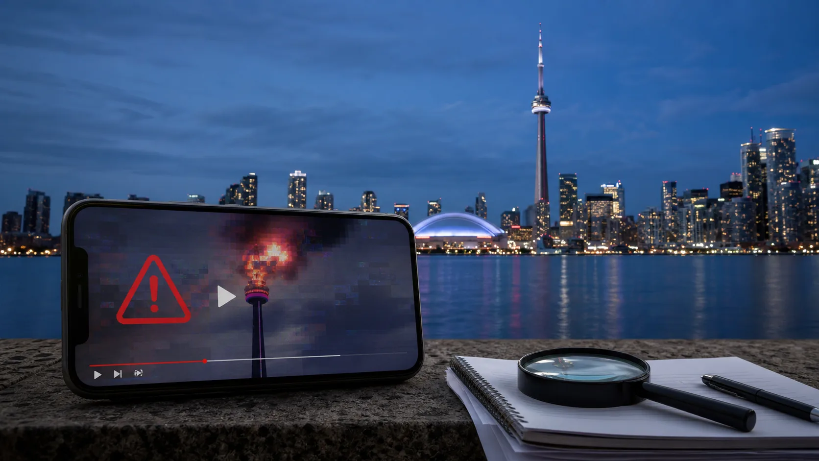 AI-generated editorial illustration showing an intact CN Tower behind a phone displaying a synthetic fire clip and a verification warning; not a photograph of a real fire