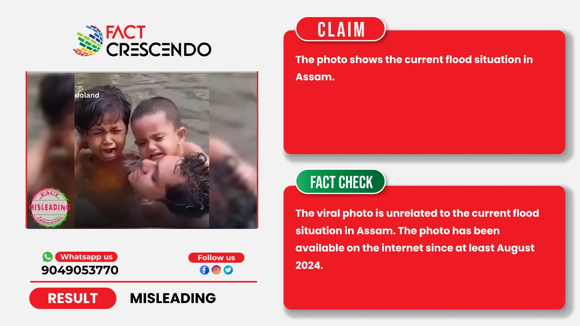 Fact Crescendo fact-check graphic showing the viral photo of a man carrying two children through neck-deep water, rated Misleading