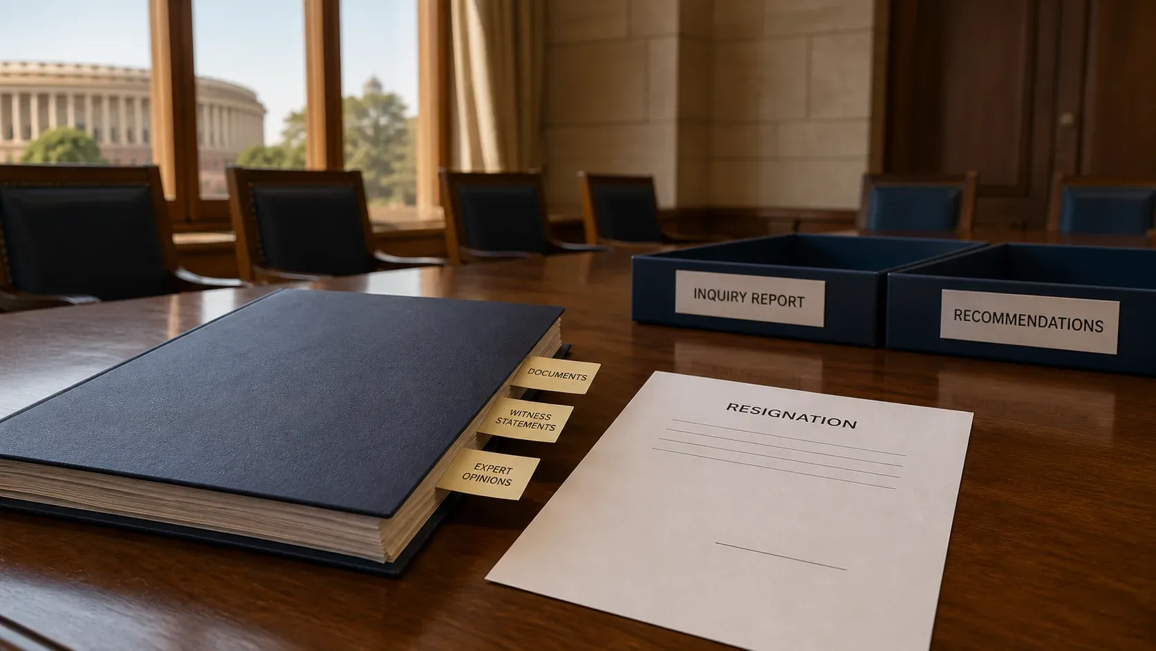 AI-generated conceptual illustration of an inquiry file and resignation document in an empty parliamentary-style committee room