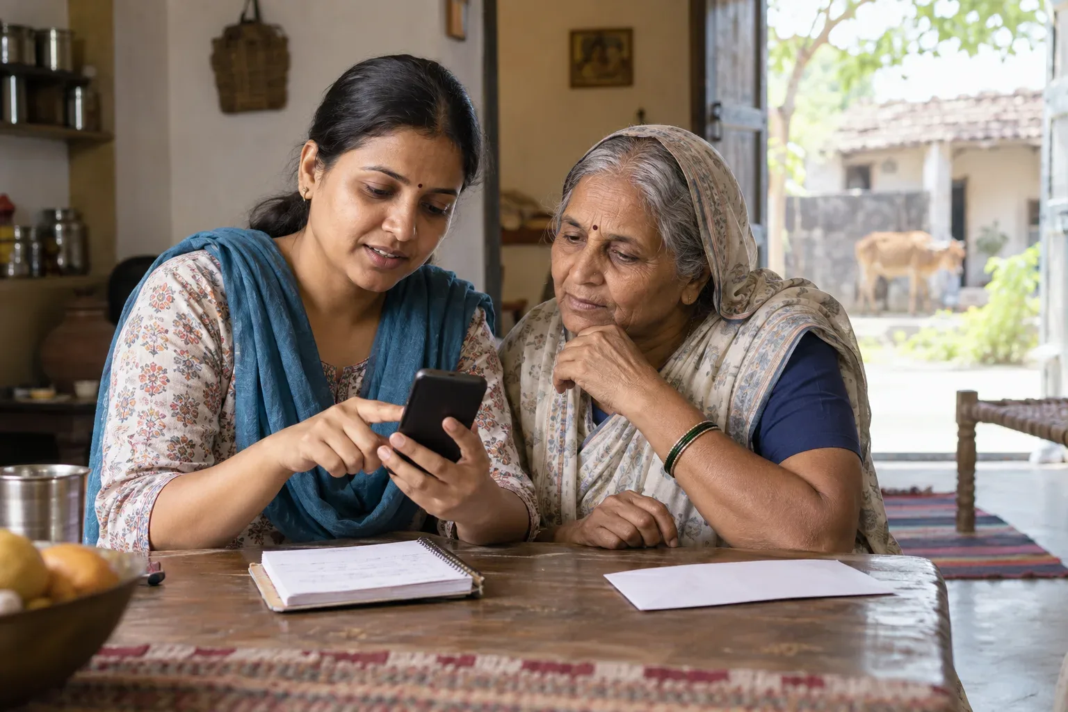 एआई-निर्मित संपादकीय चित्रण: गांव के घर में एक महिला और बुजुर्ग रिश्तेदार स्मार्टफोन जांचते हैं