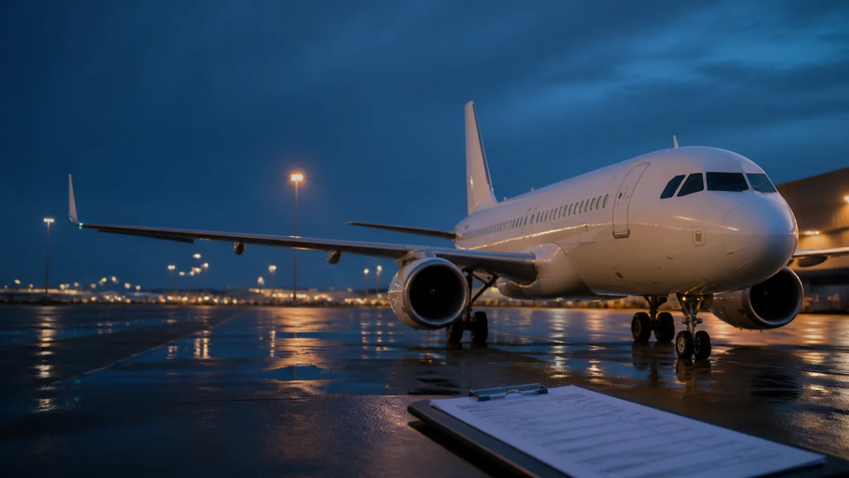 AI-generated conceptual editorial image of an unbranded passenger aircraft parked safely at dusk beside an abstract investigation clipboard