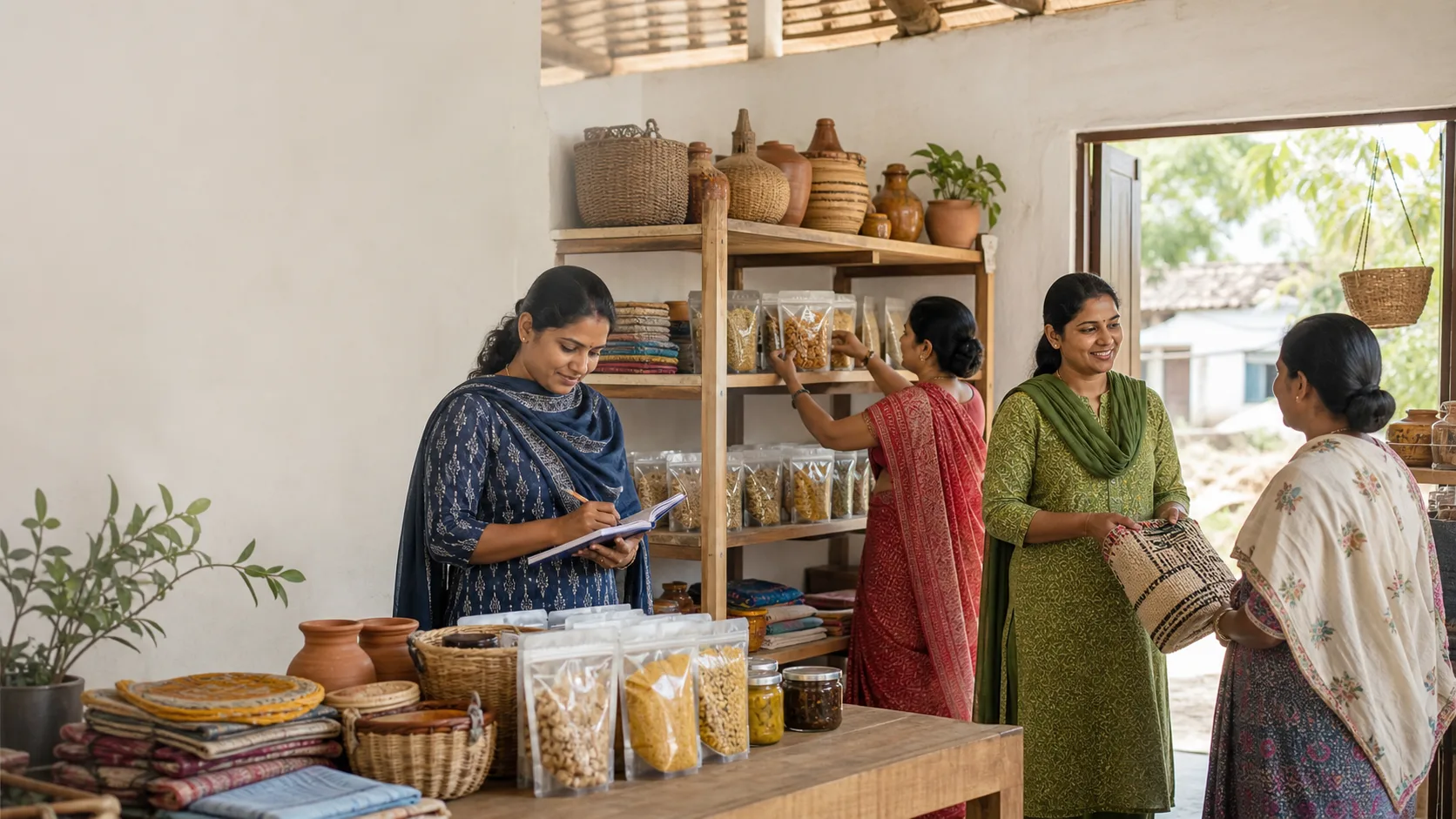 AI से बनी वैचारिक तस्वीर: ग्रामीण भारतीय महिलाएं समुदाय-आधारित दुकान में SHG के खाद्य, कपड़े और हस्तशिल्प उत्पाद सजाती हुई