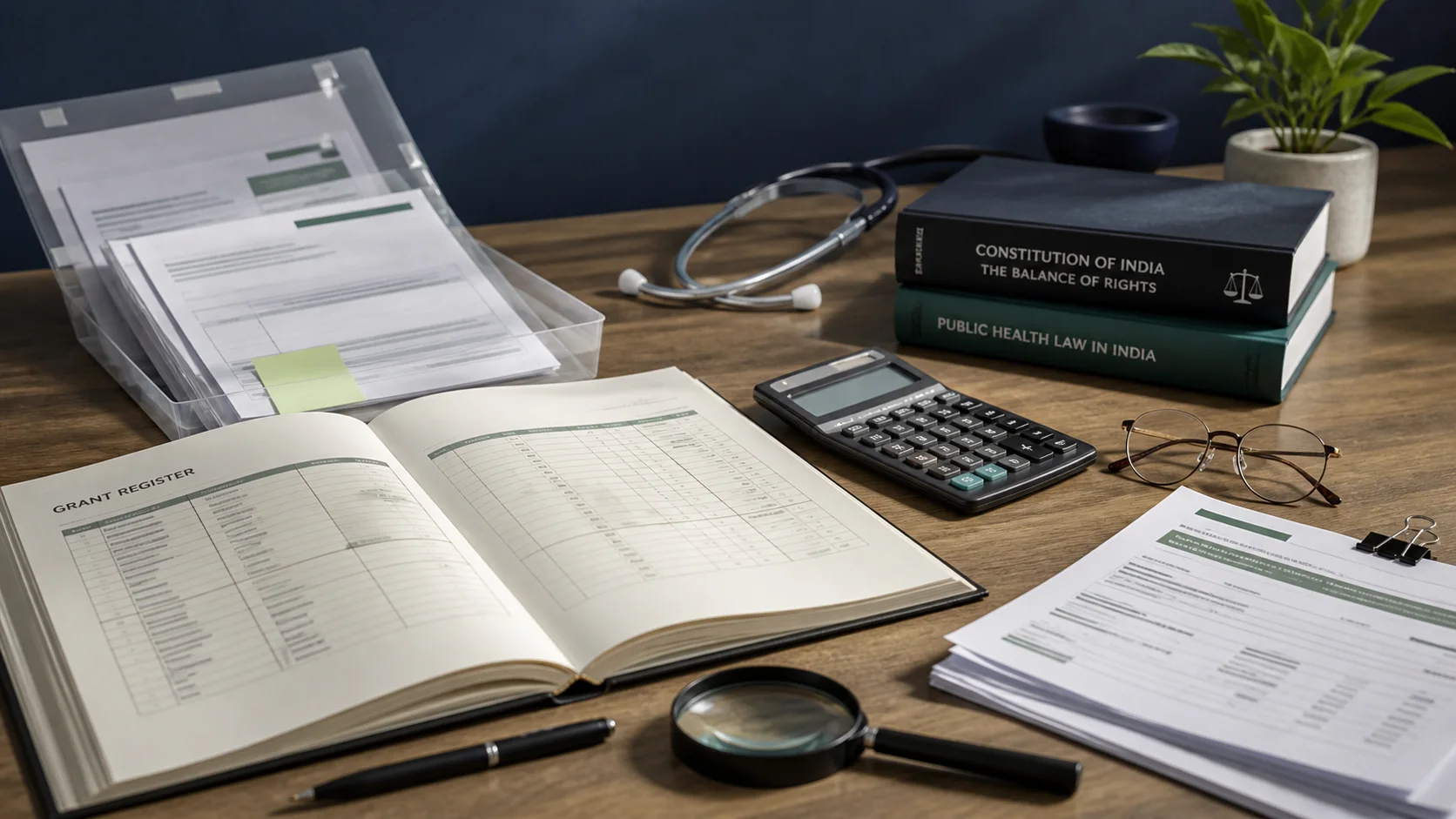 AI-निर्मित grant-audit desk जिसमें ledger, tax pages, stethoscope और legal books हैं; foundation के असली records नहीं