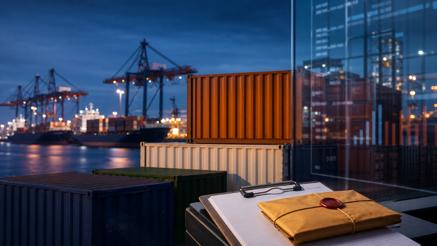 Shipping containers and a sealed customs document overlooking a container port at blue hour, representing changing US tariff rules for Indian exports